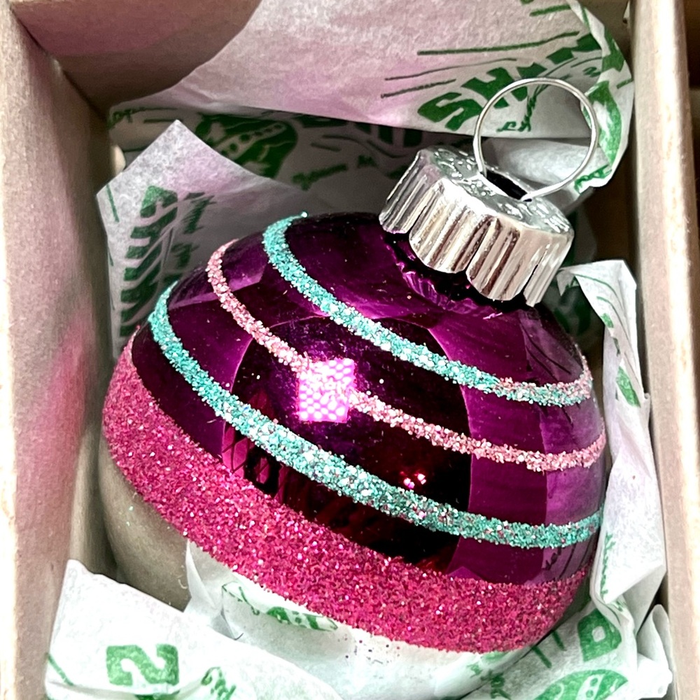 12 Radko Spools Bells Beehives Balls Glass Ornaments Pink Teal Purple Glitter - Picture 10 of 13
